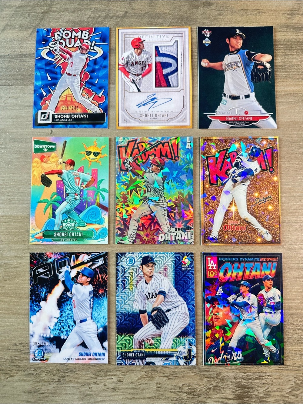 Shohei Ohtani Signed Rookie Lot of (9) Kaboom Downtown Novelty Cards.